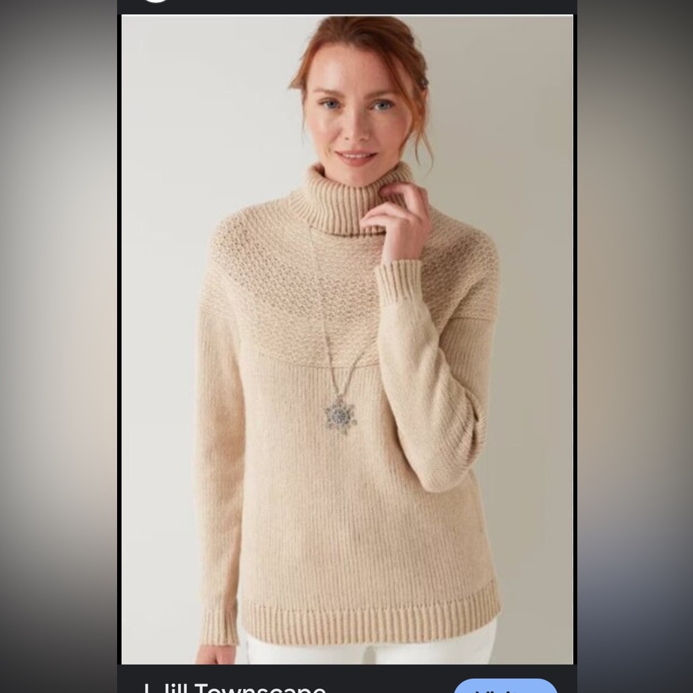 J.Jill Townscape Turtleneck- medium in desert sand. Cotton blend, metallic yoke
